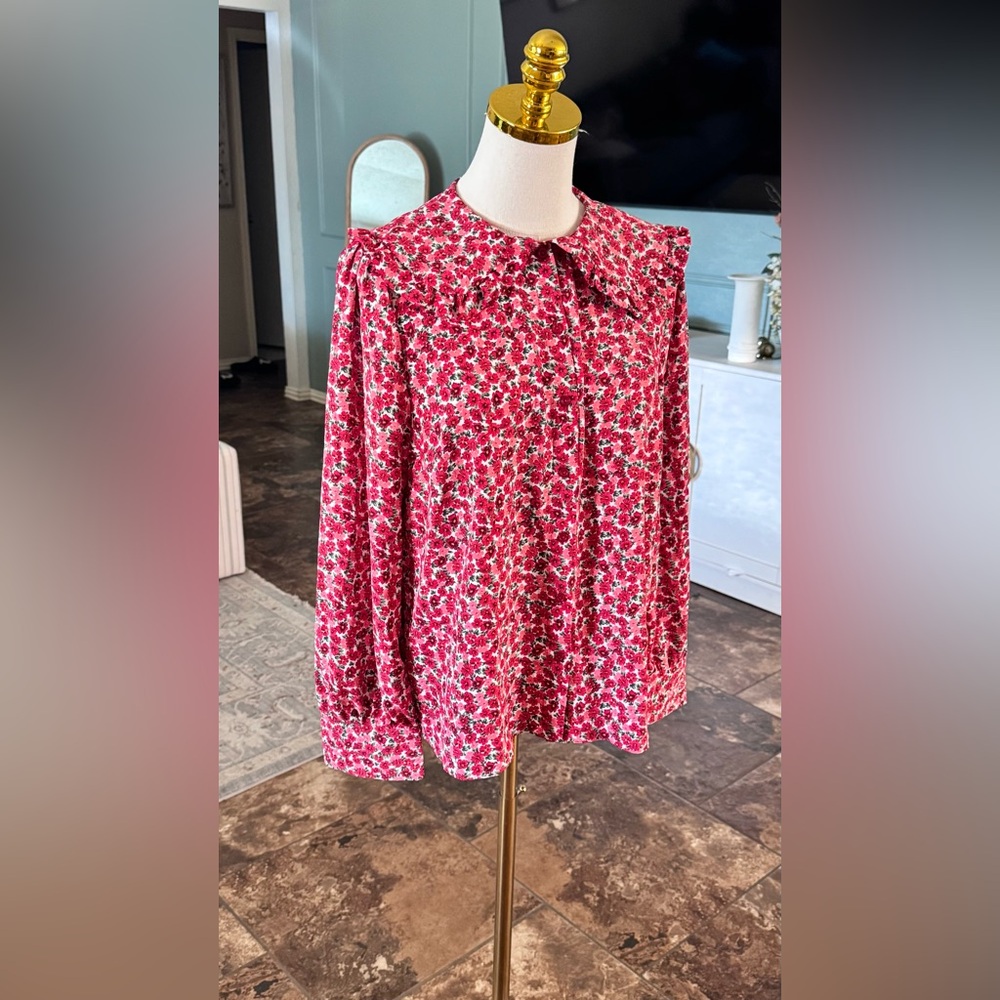 Elegant Floral Ruffle Blouse in Red